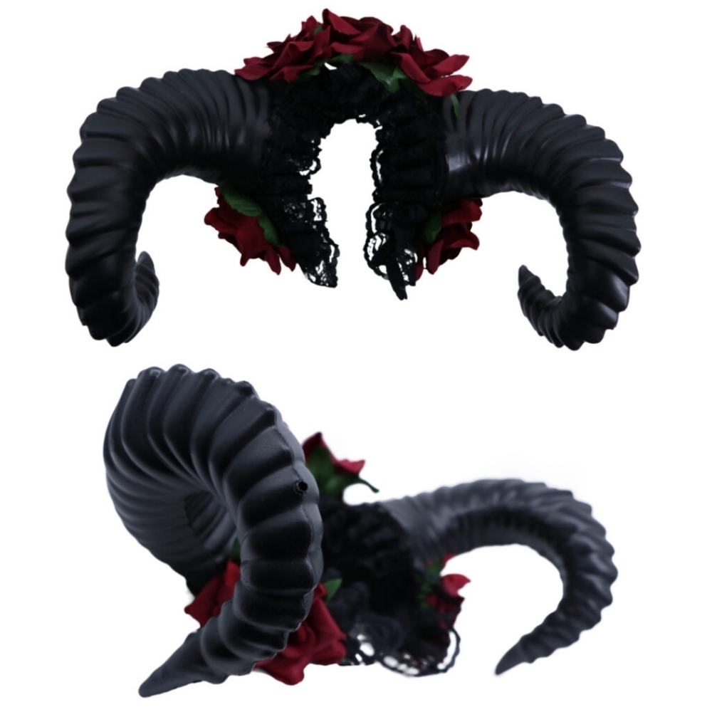 Krampus Devil Demon Horn Headband Red Rose Flowers Costume Head Piece Head Dress - Picture 2 of 9